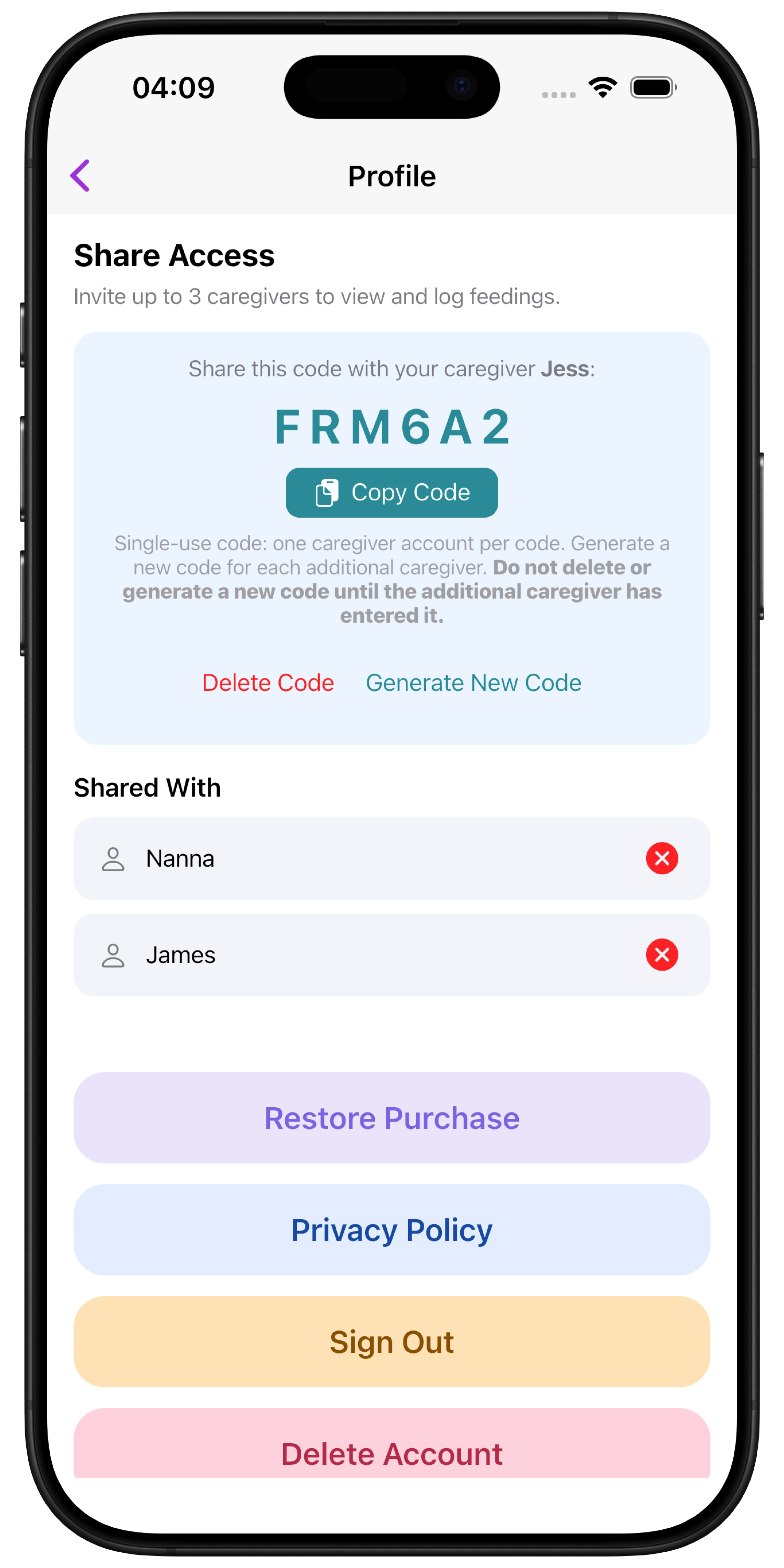 Invite caregiver screen