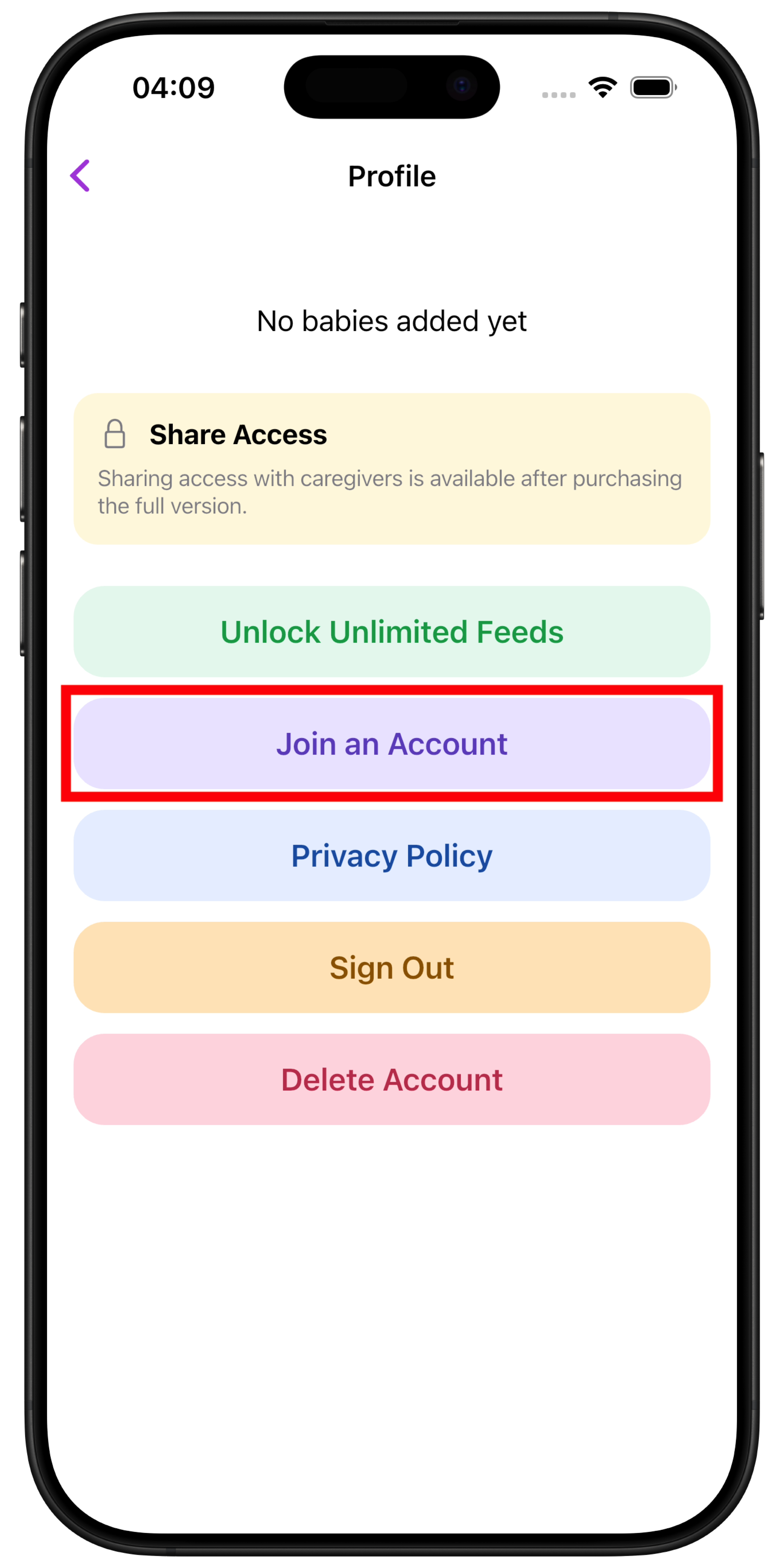 Join an Account screen