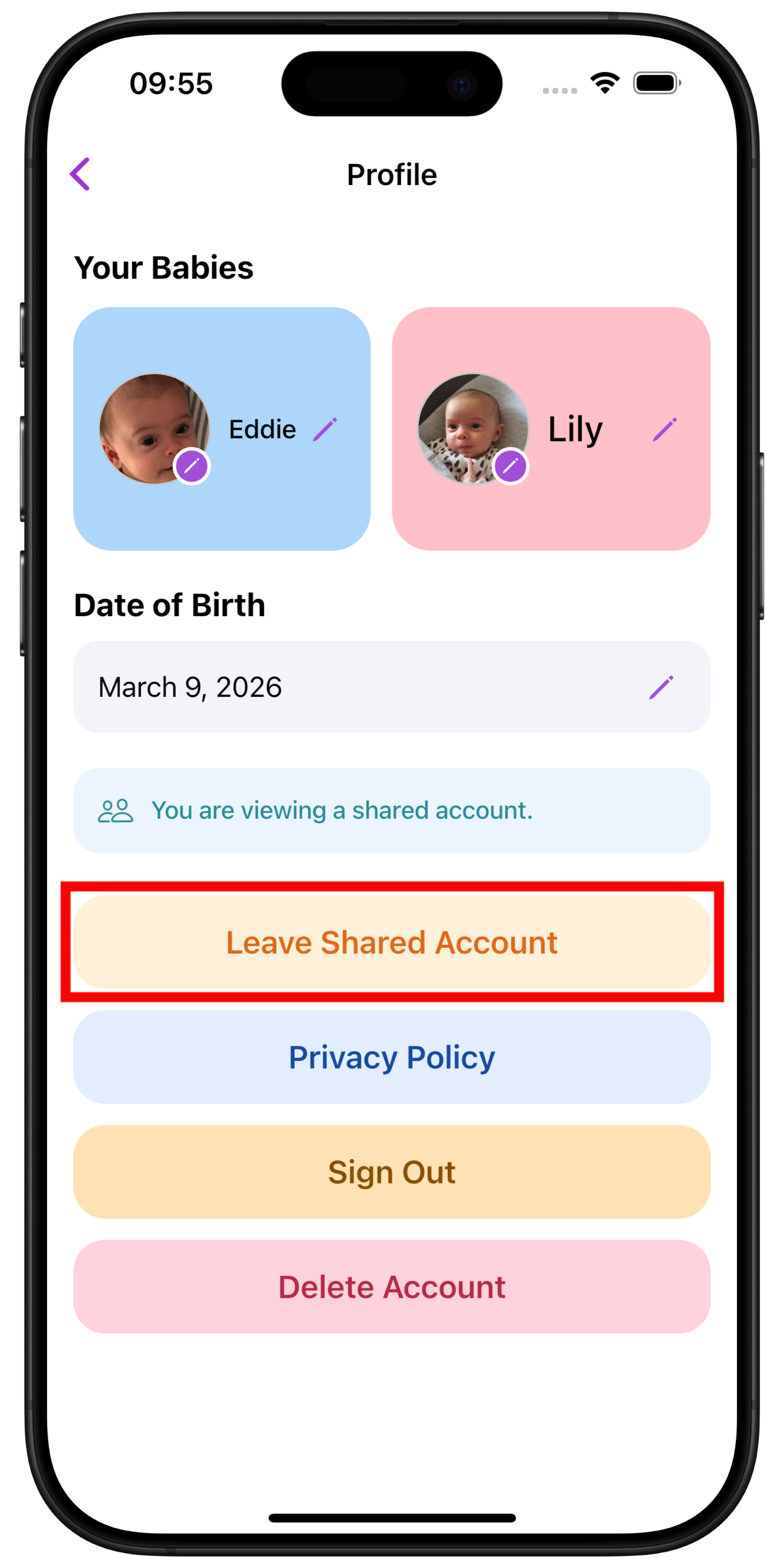 Leave shared account screenshot