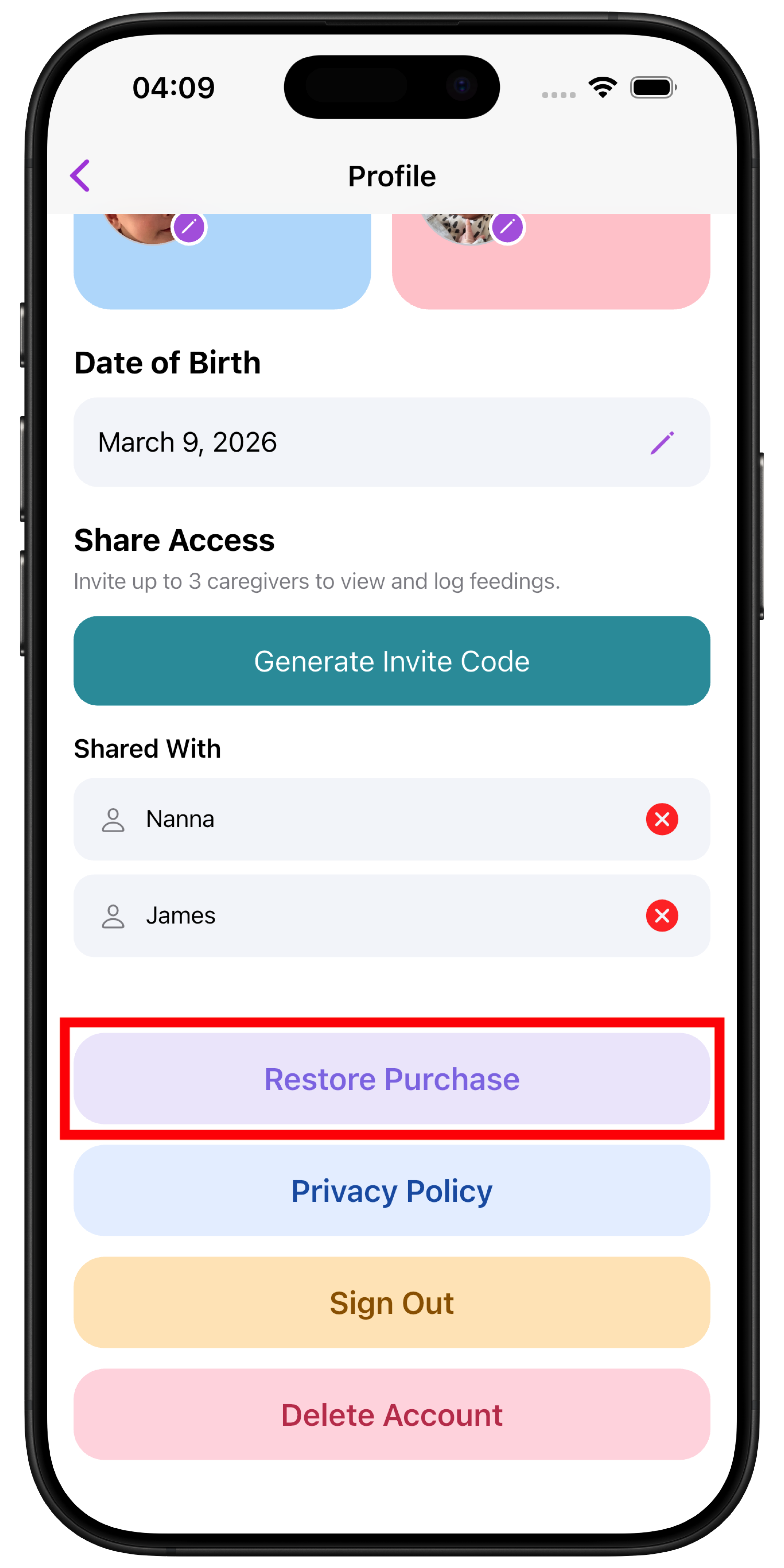 Profile screen with Restore Purchase option
