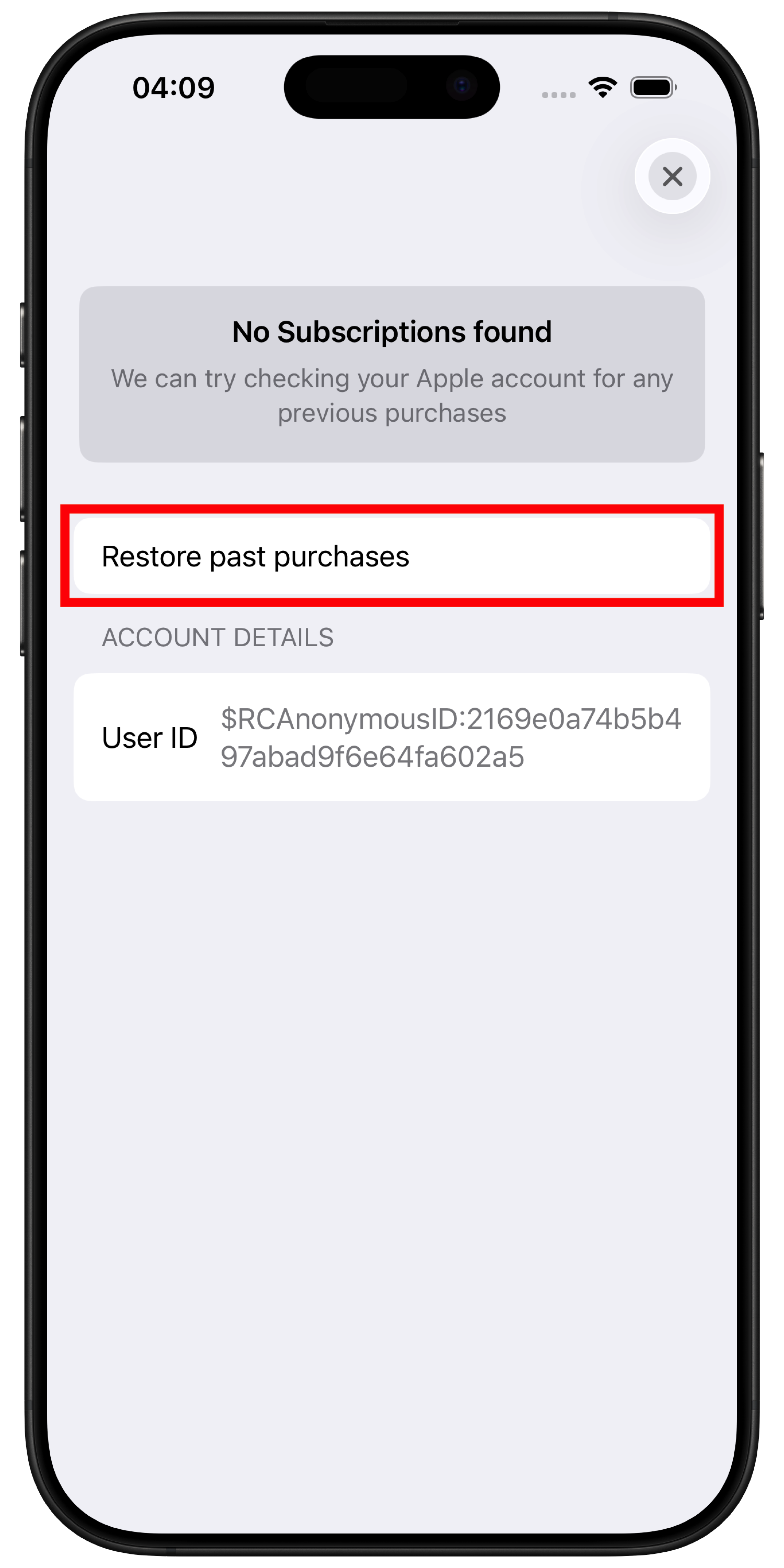 Restore purchase confirmation screen